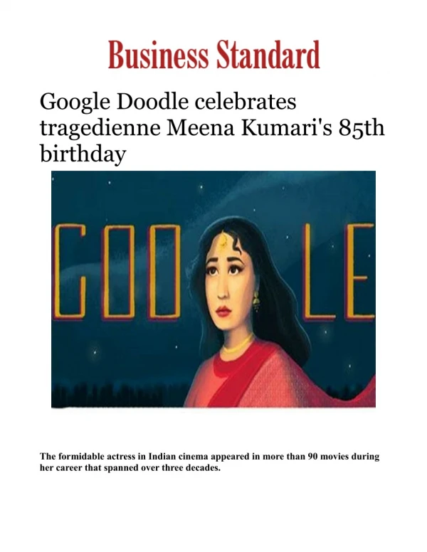 Google Doodle celebrates tragedienne Meena Kumari's 85th birthday 