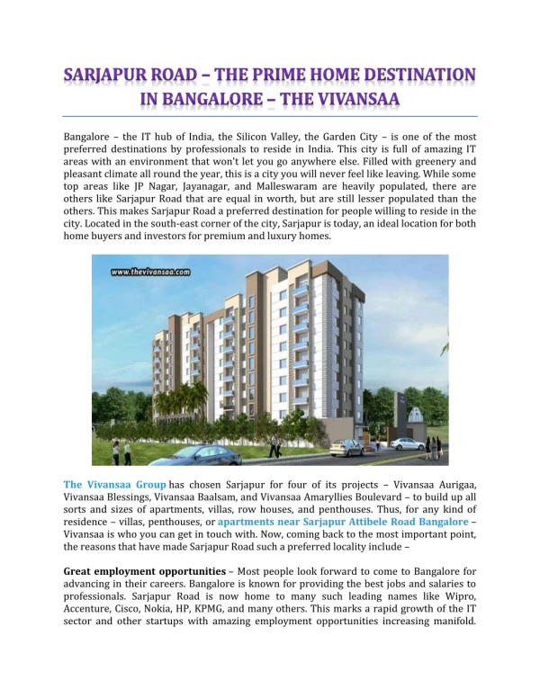 Sarjapur Road – The Prime Home Destination In Bangalore - The Vivansaa