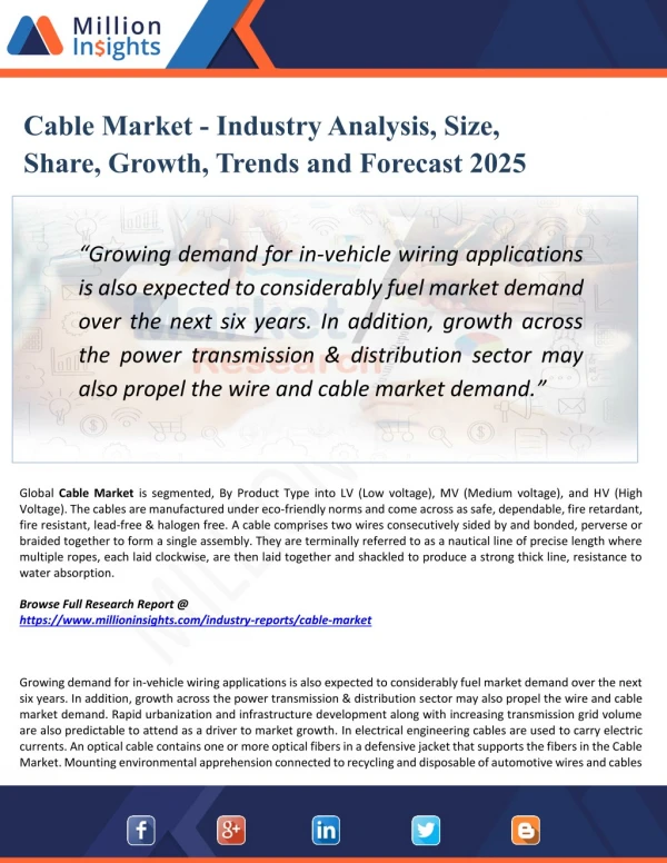 Cable Market Analysis by Application and Competitive Insights to 2025
