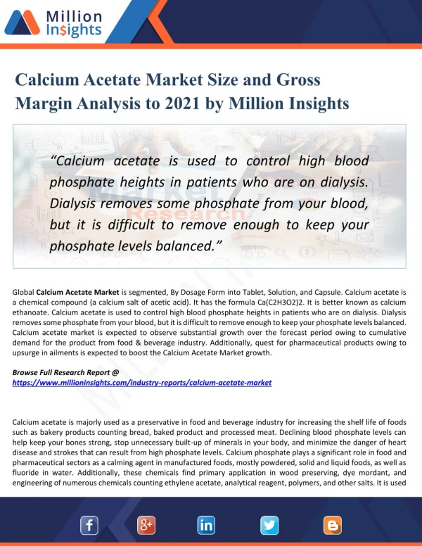 Calcium Acetate Market by Product, Import, Export and Consumption Forecast & Regional Analysis 2021