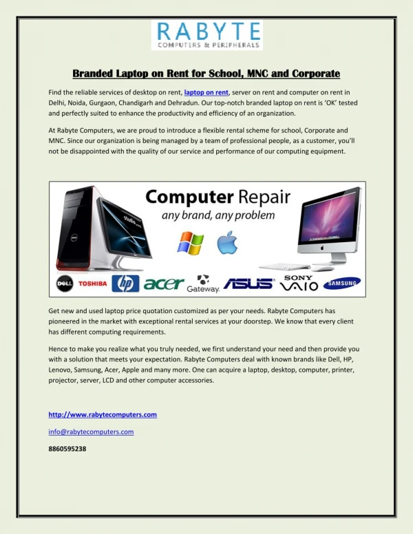 Branded Laptop on Rent for School, MNC and Corporate