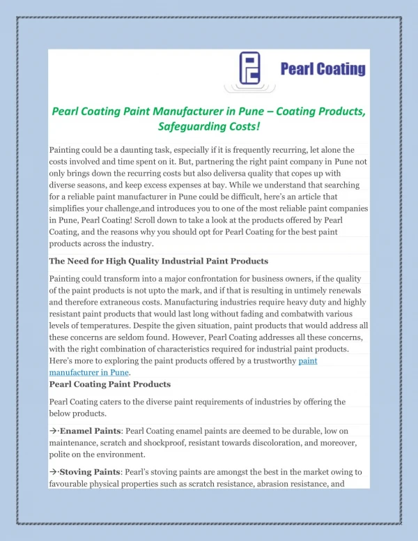 Pearl Coating Paint Manufacturer in Pune – Coating Products, Safeguarding Costs!