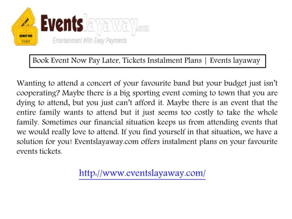 Book Event Now Pay Later, Tickets Installment Plans | Events Lay Away