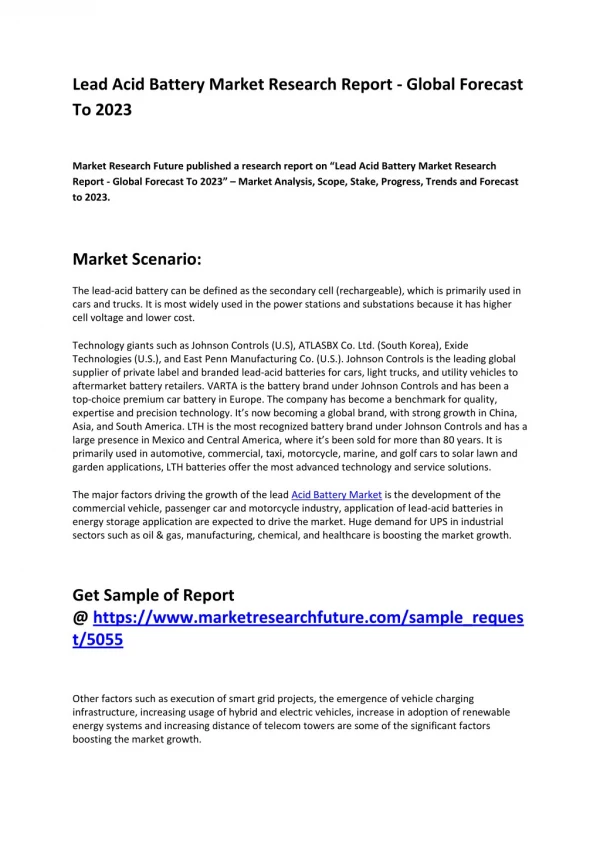 Lead Acid Battery Market Size, Growth, Future Prospects and Competitive Analysis 2018