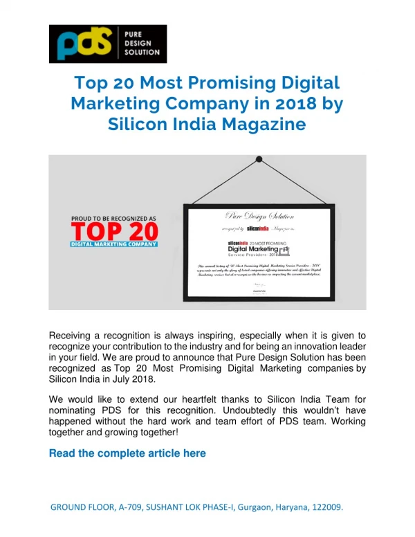 Proud to be recognized as Top 20 Most Promising Digital Marketing Company in 2018 | PDS