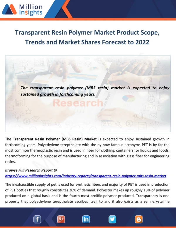 Transparent Resin Polymer Market Product Scope, Trends and Market Shares Forecast to 2022