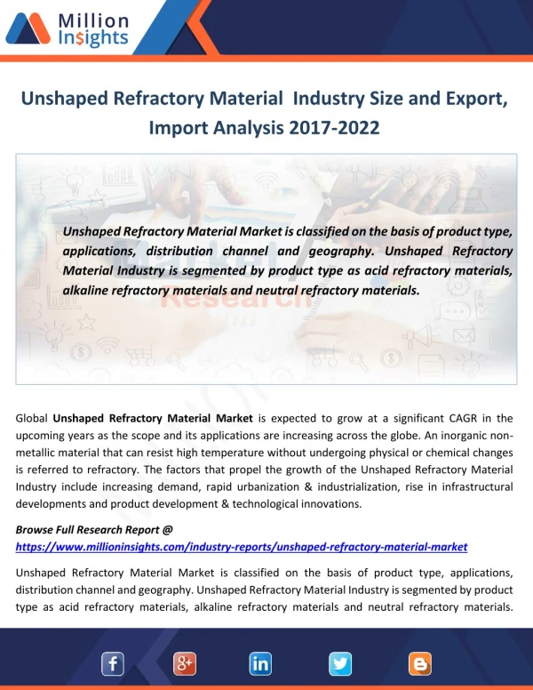 Unshaped Refractory Material Industry Share by Manufacturers, Types and Current Scenario 2017-2022