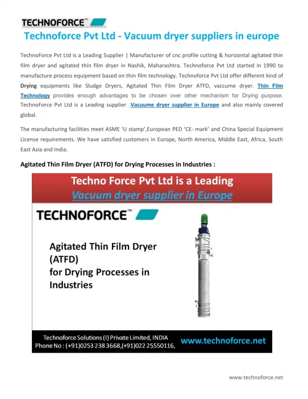 Technoforce Pvt Ltd - Vacuum dryer suppliers in europe