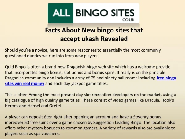 Facts About New bingo sites that accept ukash Revealed