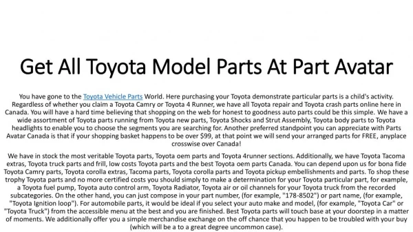 Toyota Parts For All Models and Top Brands Toyota Parts At PartsAvatar.caÂ 