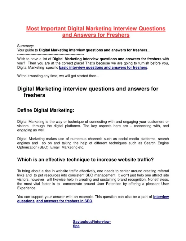 Most Important Digital Marketing Interview Questions and Answers for Freshers