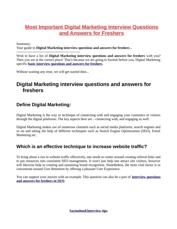 Most Important Digital Marketing Interview Questions and Answers for Freshers