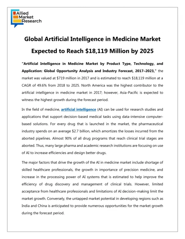 Artificial Intelligence in Medicine Market Overview