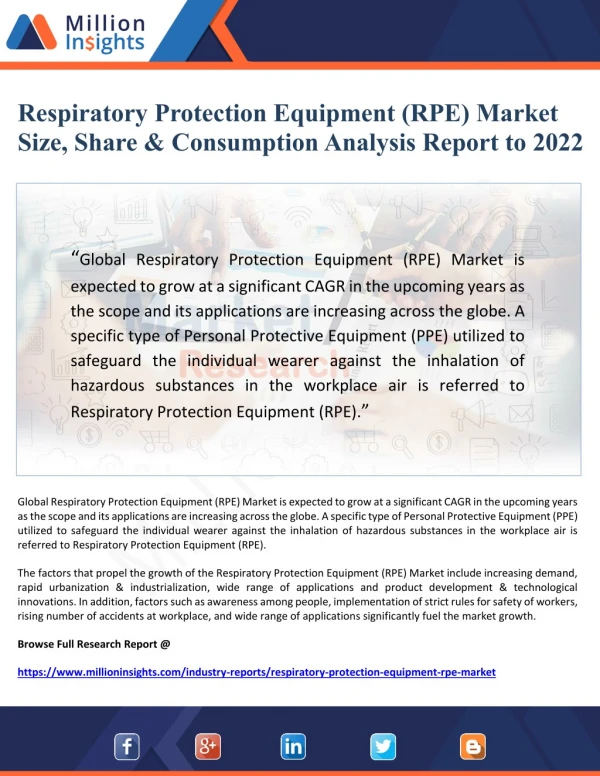 Respiratory Protection Equipment (RPE) Market Size, Share & Consumption Analysis Report to 2022
