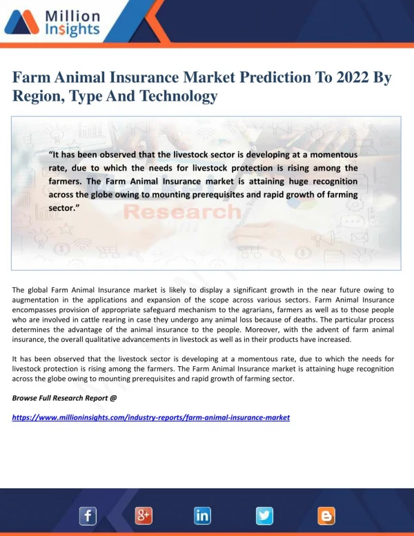 Farm Animal Insurance Market Prediction To 2022 By Region, Type And Technology