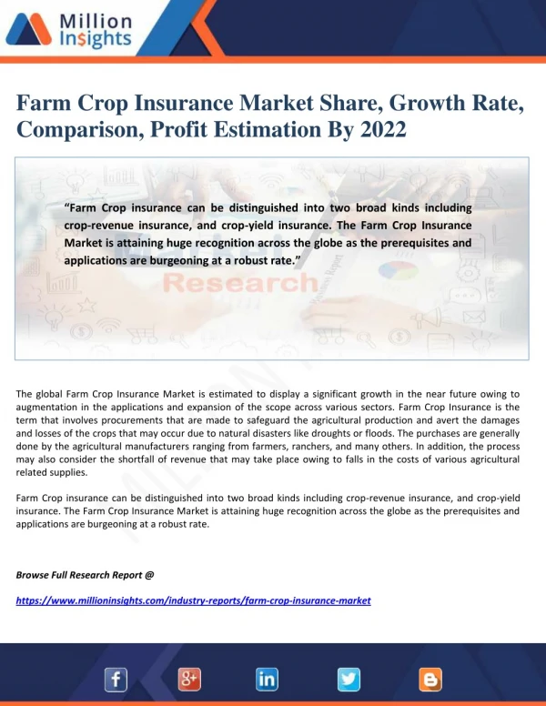 Farm Crop Insurance Market Share, Growth Rate, Comparison, Profit Estimation By 2022