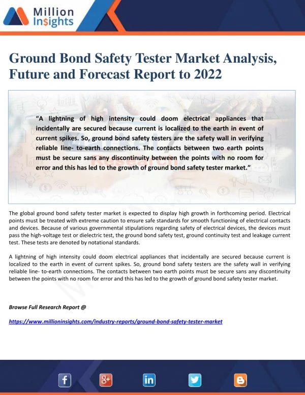 Ground Bond Safety Tester Market Analysis, Future and Forecast Report to 2022
