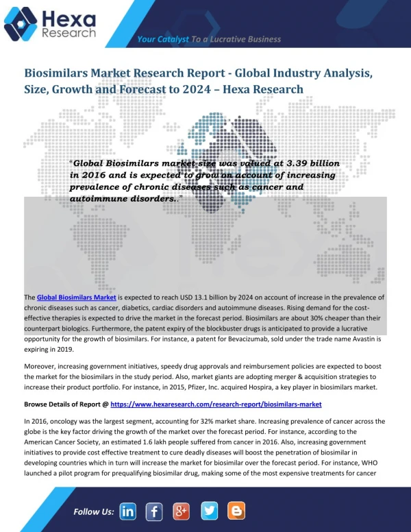 Biosimilars Market Research - Global Industry Analysis Report to 2024