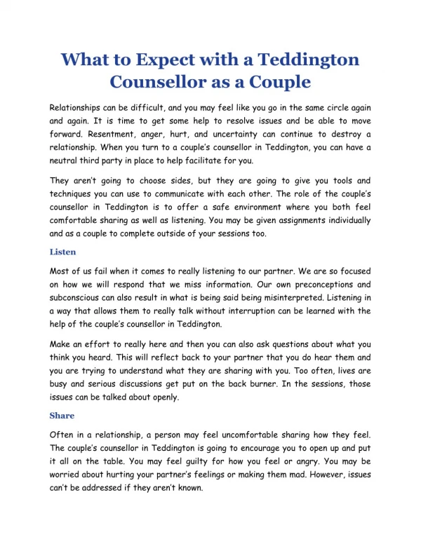 What to Expect with a Teddington Counsellor as a Couple