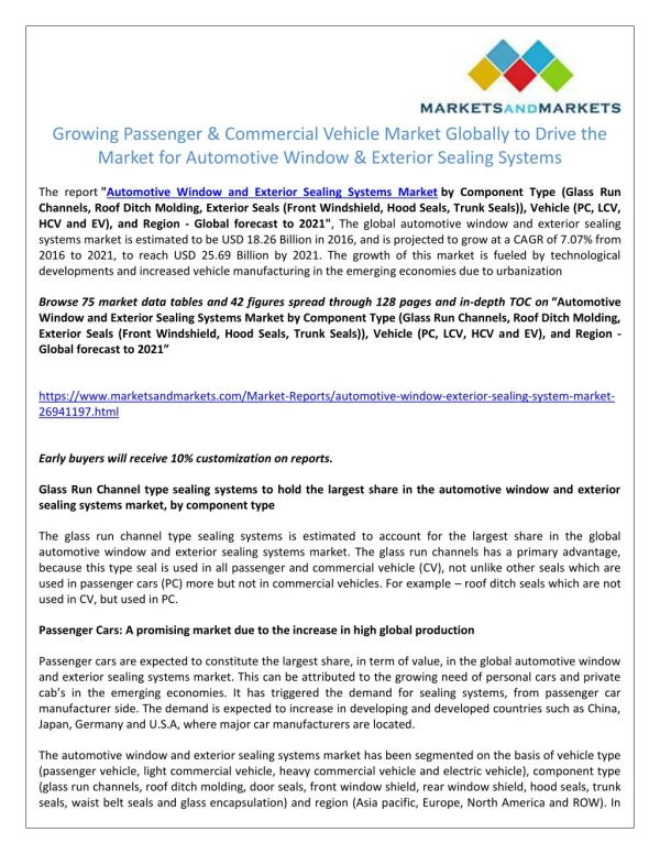 Growing Passenger & Commercial Vehicle Market Globally to Drive the Market for Automotive Window & Exterior Sealing Sys