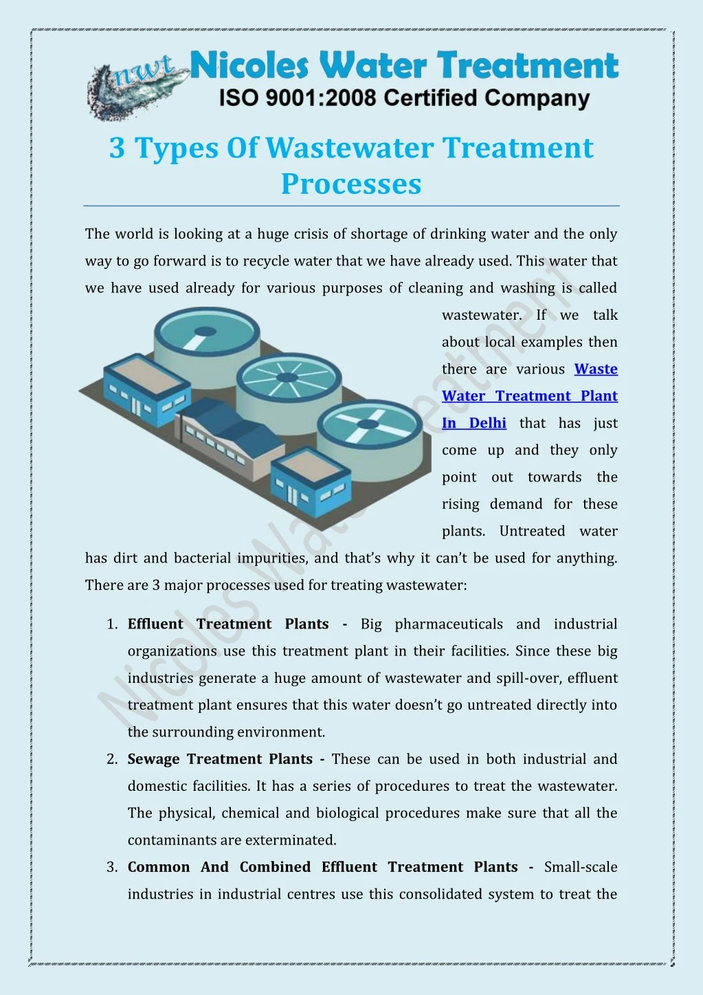 3 types of wastewater treatment processes