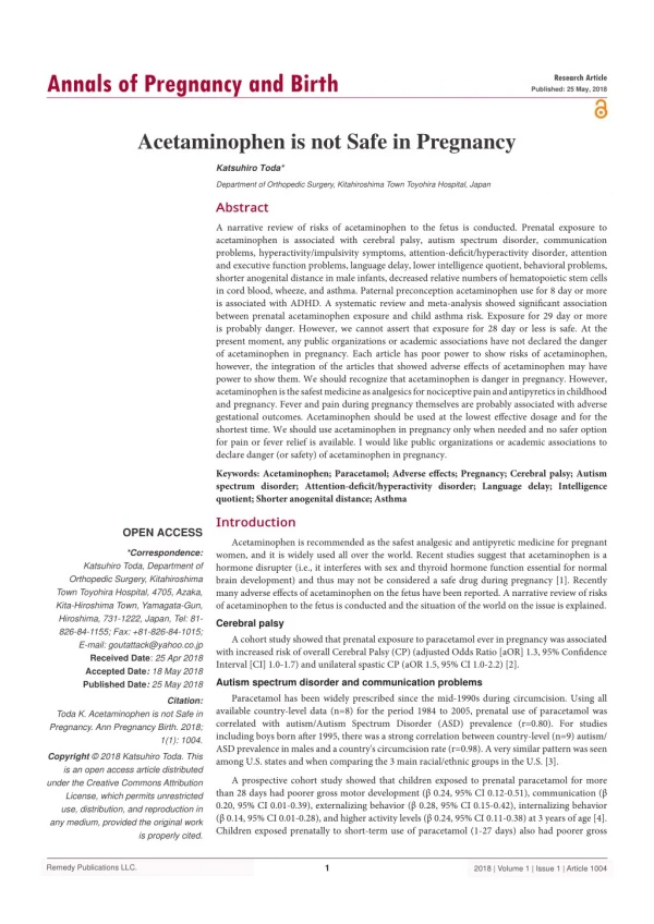 Acetaminophen is not Safe in Pregnancy