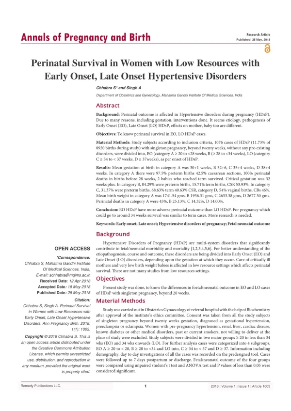 Perinatal Survival in Women with Low Resources with Early Onset, Late Onset Hypertensive Disorders