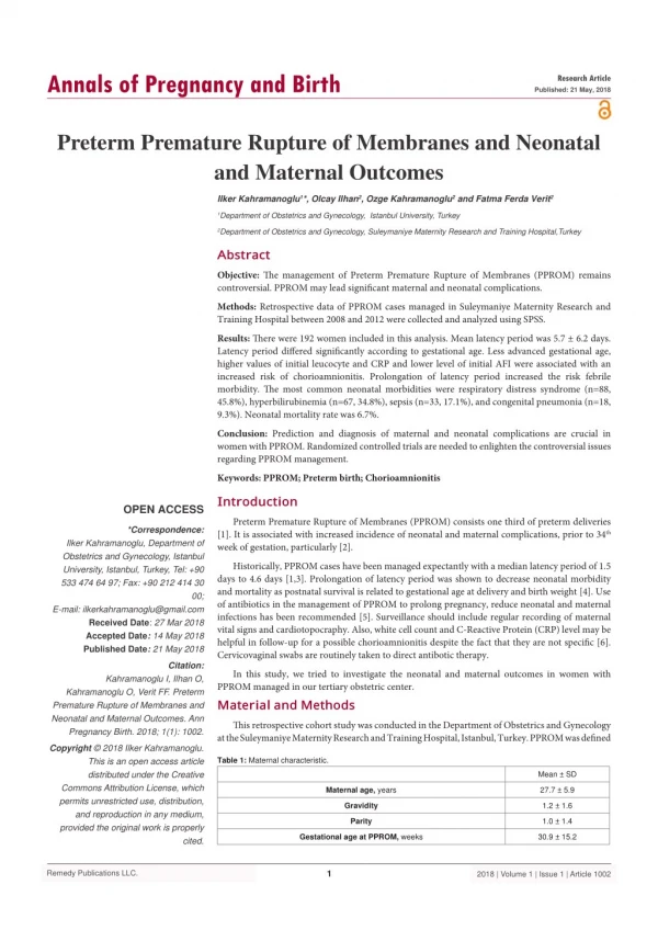 Preterm Premature Rupture of Membranes and Neonatal and Maternal Outcomes