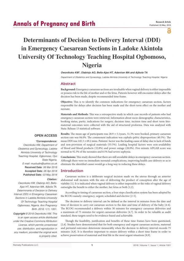 Determinants of Decision to Delivery Interval (DDI) in Emergency Caesarean Sections in Ladoke Akintola University Of Tec