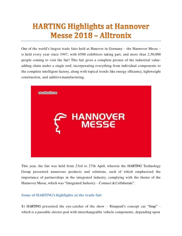 HARTING Highlights at Hannover Messe 2018 - Alltronix