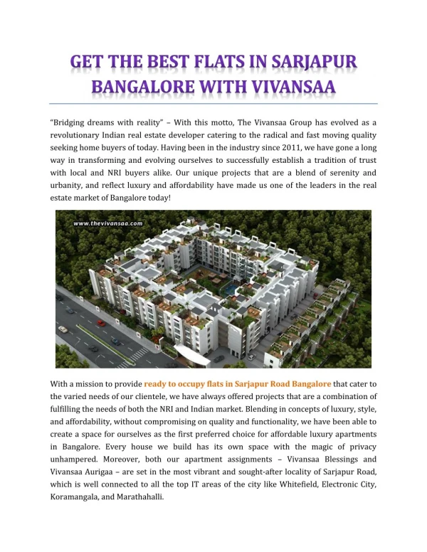 Get The Best Flats In Sarjapur Bangalore With Vivansaa