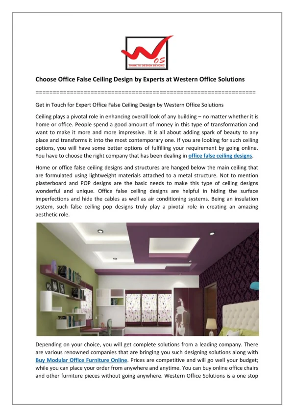 Choose Office False Ceiling Design by Experts at Western Office Solutions