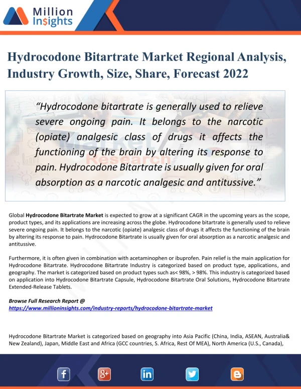 Hydrocodone Bitartrate Market 2022 Forecast Size, Share and Manufacturing Cost Analysis