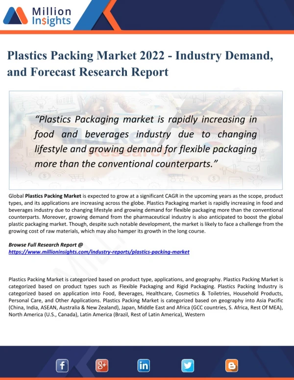 Plastics Packing Market Manufacturers, Countries, Type And Application, Forecast To 2022