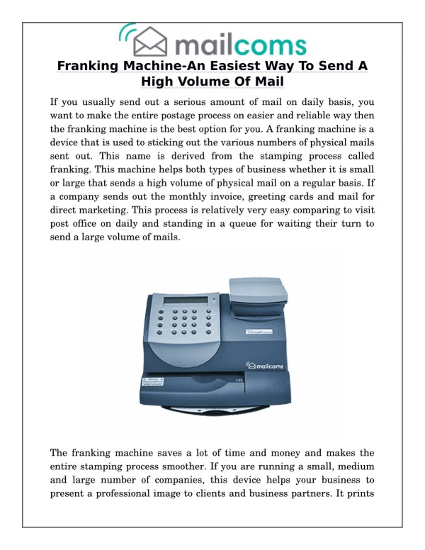 Franking Machine-An Easiest Way To Send A High Volume Of Mail