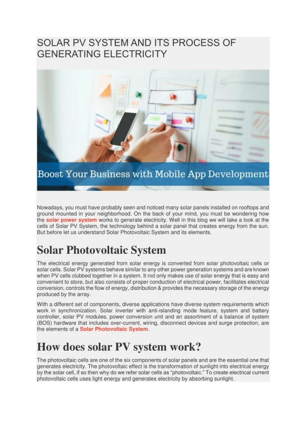 Solar Photovoltaic (PV) System and its process of generating electricity