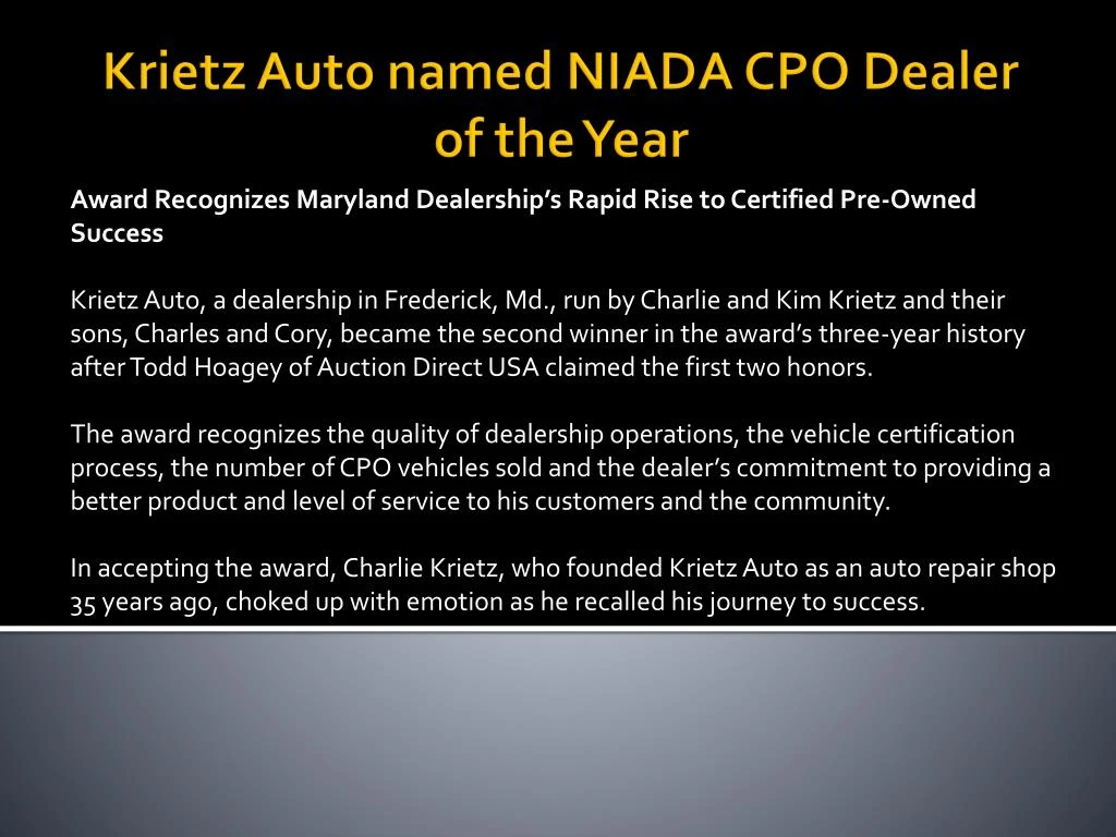krietz auto named niada cpo dealer of the year
