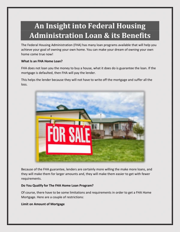 FHA Home Loan Program