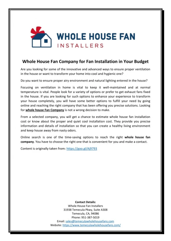 Whole House Fan Company for Fan Installation in Your Budget