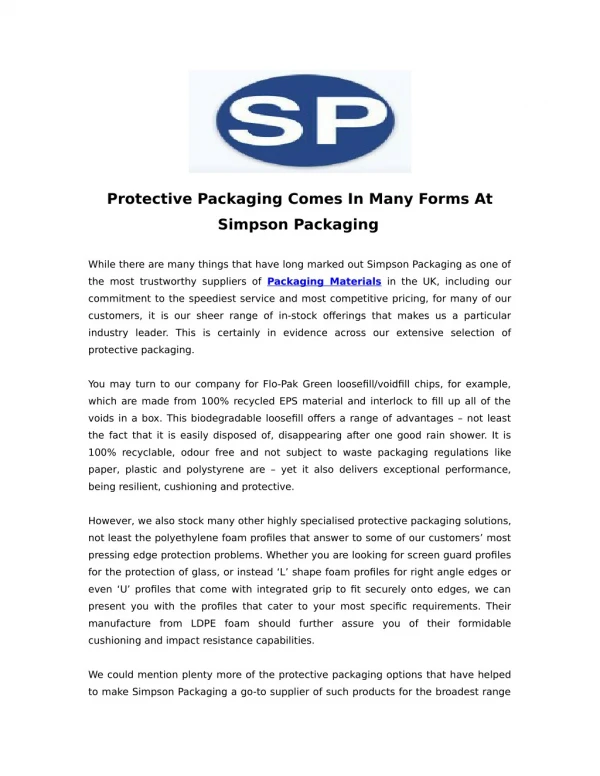 Protective Packaging Comes In Many Forms At Simpson Packaging