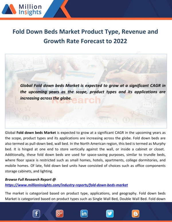 Fold Down Beds Market Product Type, Revenue and Growth Rate Forecast to 2022