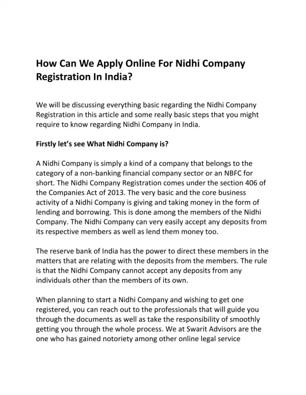 How Can We Apply Online For Nidhi Company Registration In India?