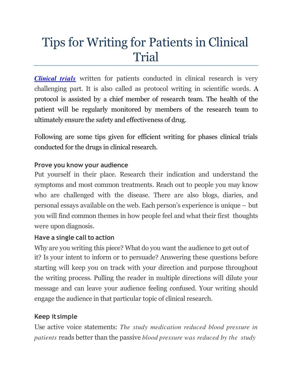 tips for writing for patients in clinical trial