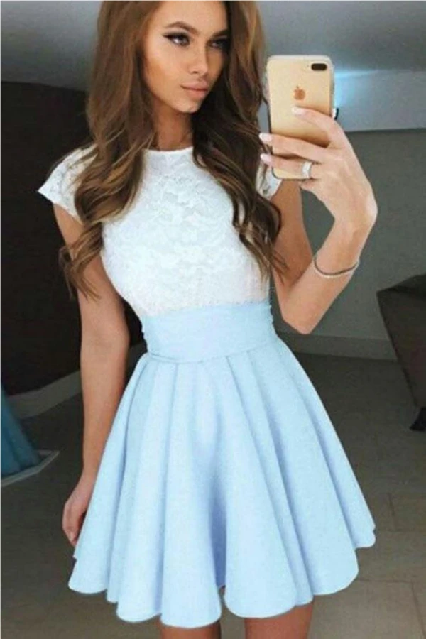 Pale Blue A-Line Cap Sleeves Short Chiffon Homecoming Dress with Lace Top,Mini Prom Dress,N239