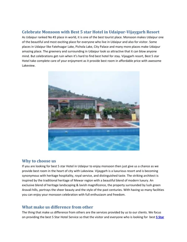 Celebrate Monsoon with Best 5 star Hotel in Udaipur-Vijaygarh Resort