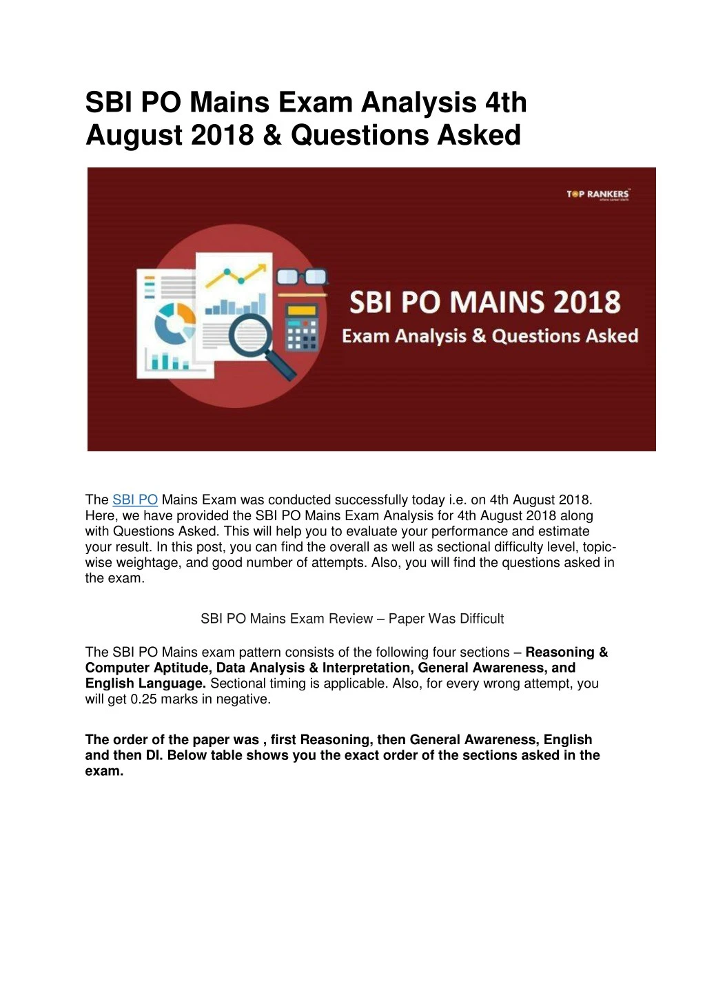 sbi po mains exam analysis 4th august 2018