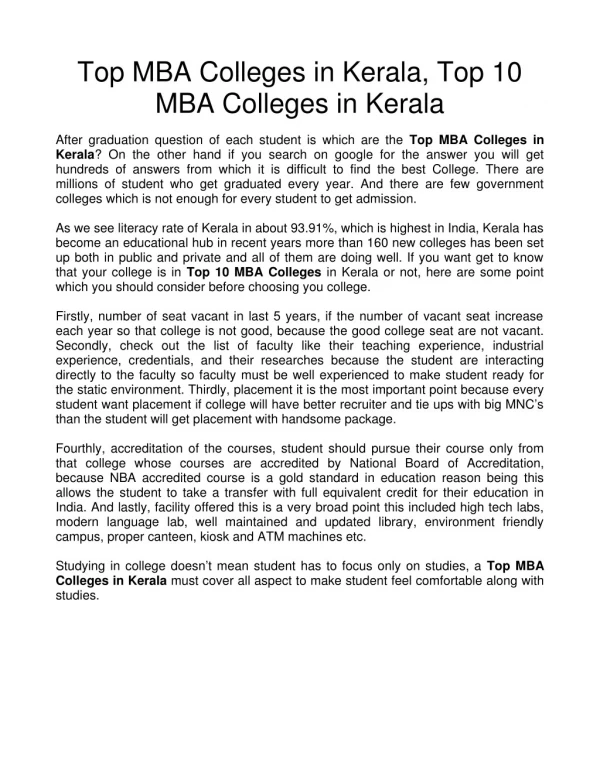 Top MBA Colleges in Kerala, Top 10 MBA Colleges in Kerala