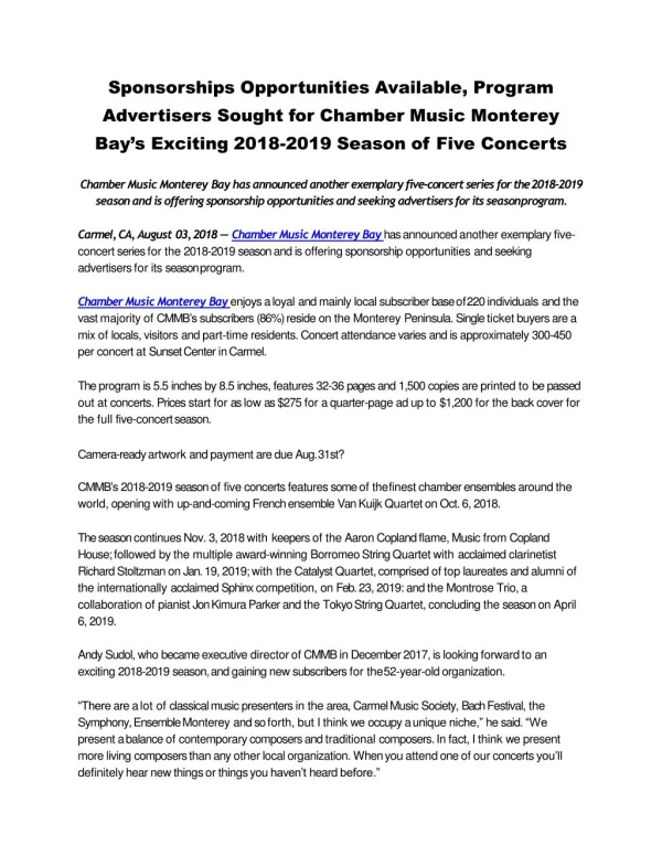 Sponsorships Opportunities Available, Program Advertisers Sought for Chamber Music Monterey Bay’s Exciting 2018-2019 S