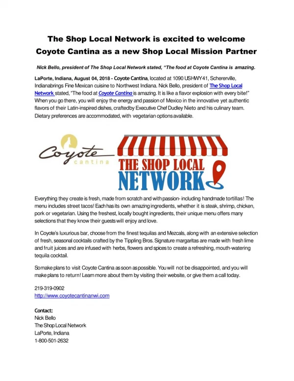 The Shop Local Network is excited to welcome Coyote Cantina as a new Shop Local Mission Partner