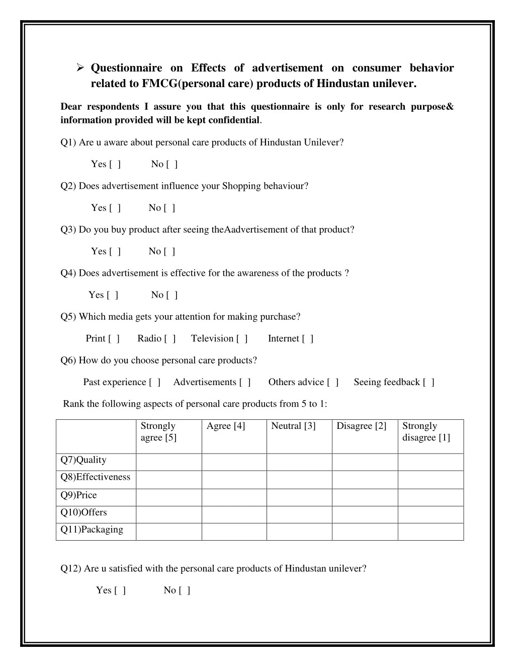 questionnaire on effects of advertisement